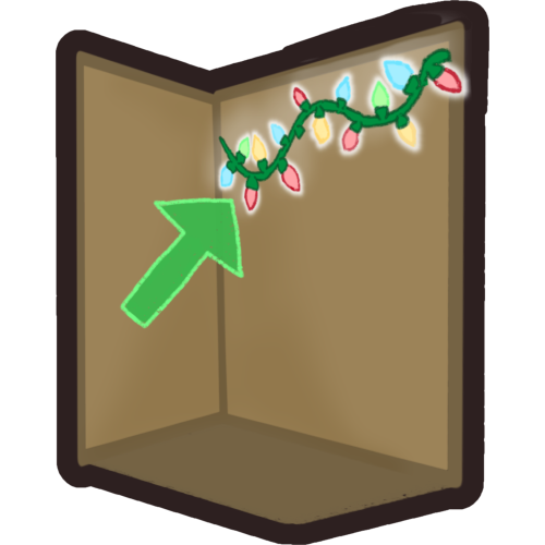 a brown wall corner, Inside a string of colorful lights is hanging diagonally from the top corner, there is a green arrow pointing to the lights.